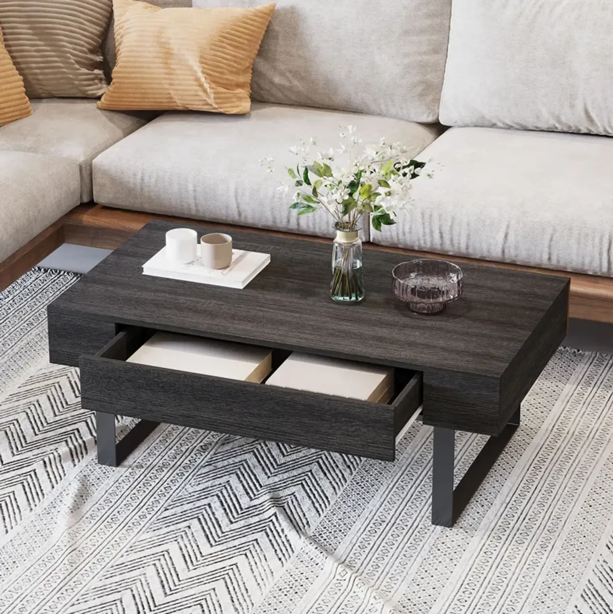 Dark Grey Living Room Table: Mid-century Coffee Table with Drawer