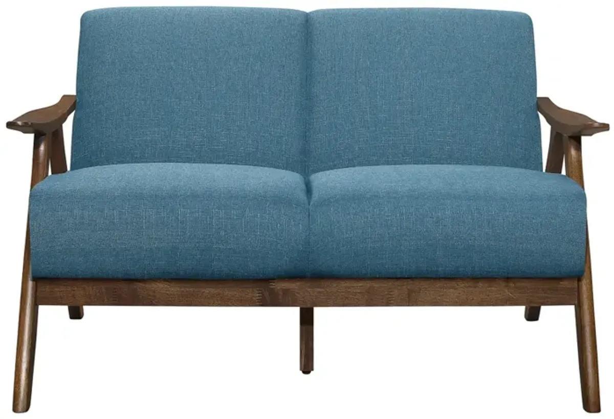 Indy 51 Inch Loveseat, Brown Rubberwood Angled Frame, Textured Blue Fabric - Benzara