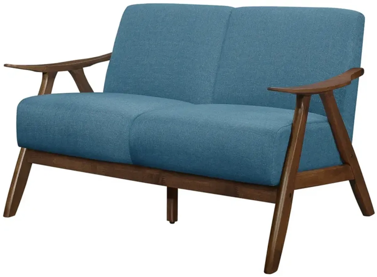 Indy 51 Inch Loveseat, Brown Rubberwood Angled Frame, Textured Blue Fabric - Benzara