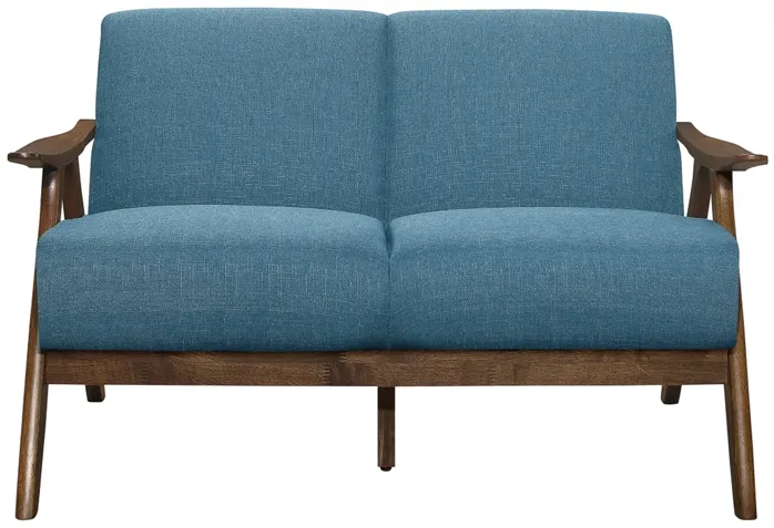 Indy 51 Inch Loveseat, Brown Rubberwood Angled Frame, Textured Blue Fabric - Benzara