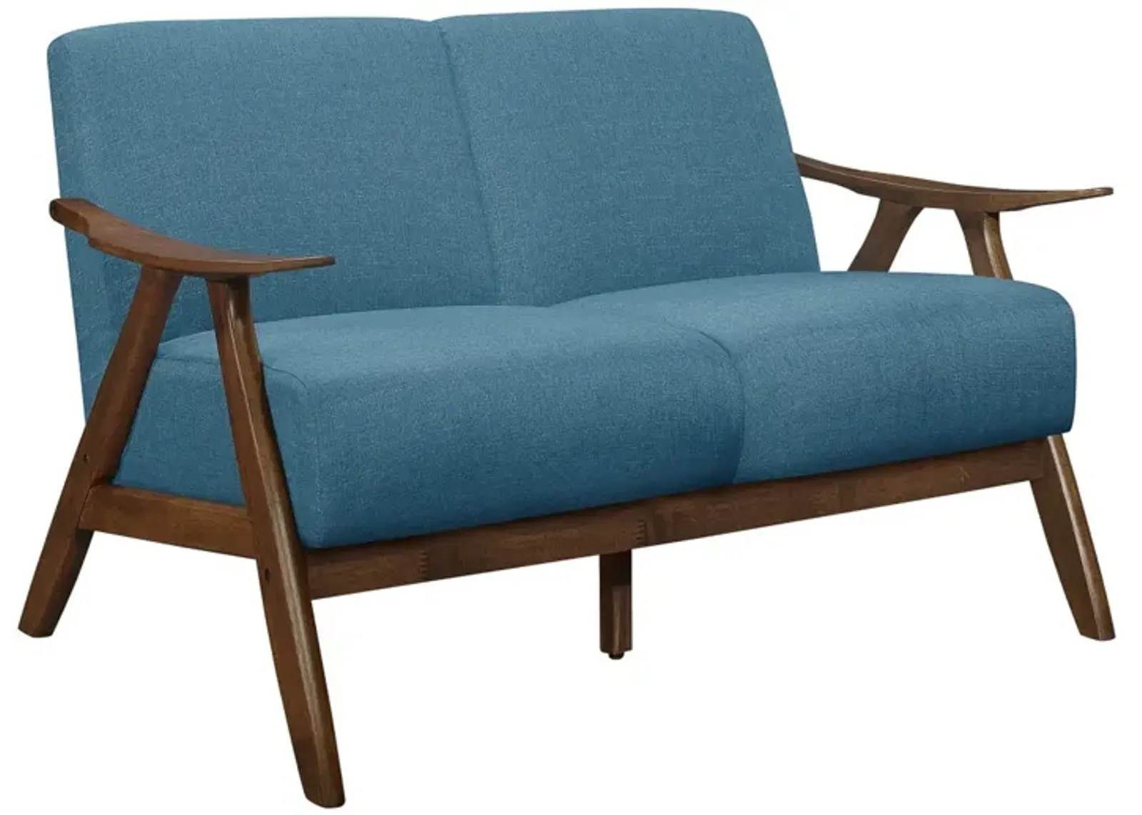 Indy 51 Inch Loveseat, Brown Rubberwood Angled Frame, Textured Blue Fabric - Benzara