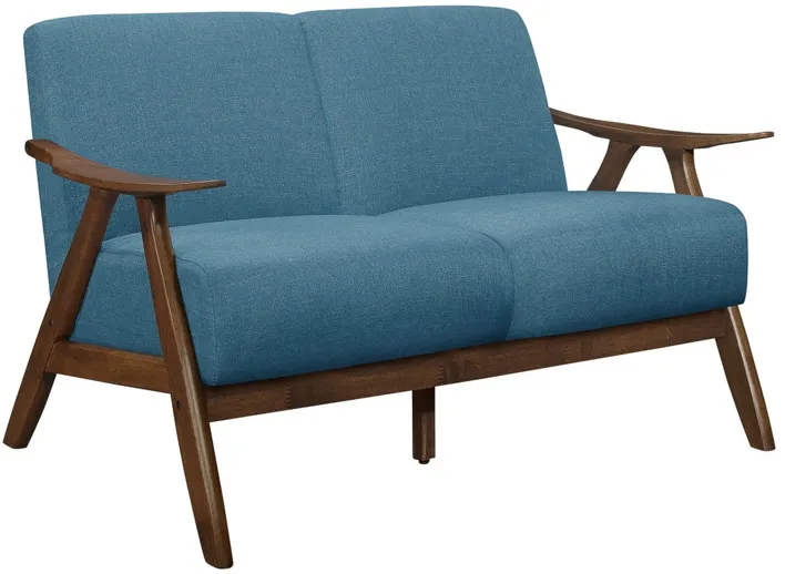 Indy 51 Inch Loveseat, Brown Rubberwood Angled Frame, Textured Blue Fabric - Benzara