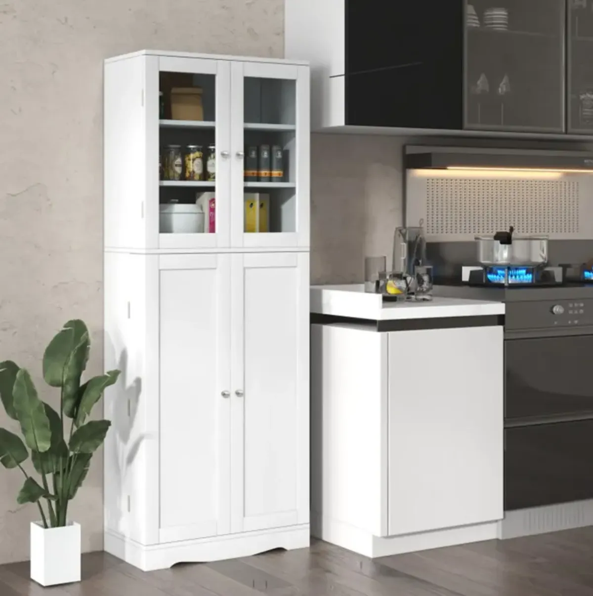 Hivvago Tall Kitchen Pantry Cabinet with Dual Tempered Glass Doors and Shelves