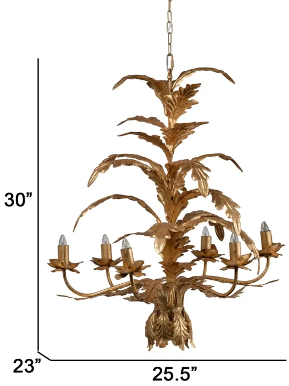 26 Inch 6 Light Chandelier, Iron, Cascading Leaves, Vintage, Classic, Gold-Benzara