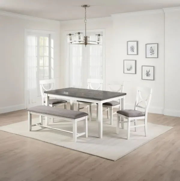 6 Piece Dining Set with Cut Out Back Chairs and Padded Bench, White and Gray - Benzara