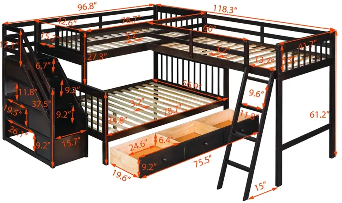 Twin Over Full L-Shaped Bunk Bed With 3 Drawers, Ladder And Staircase