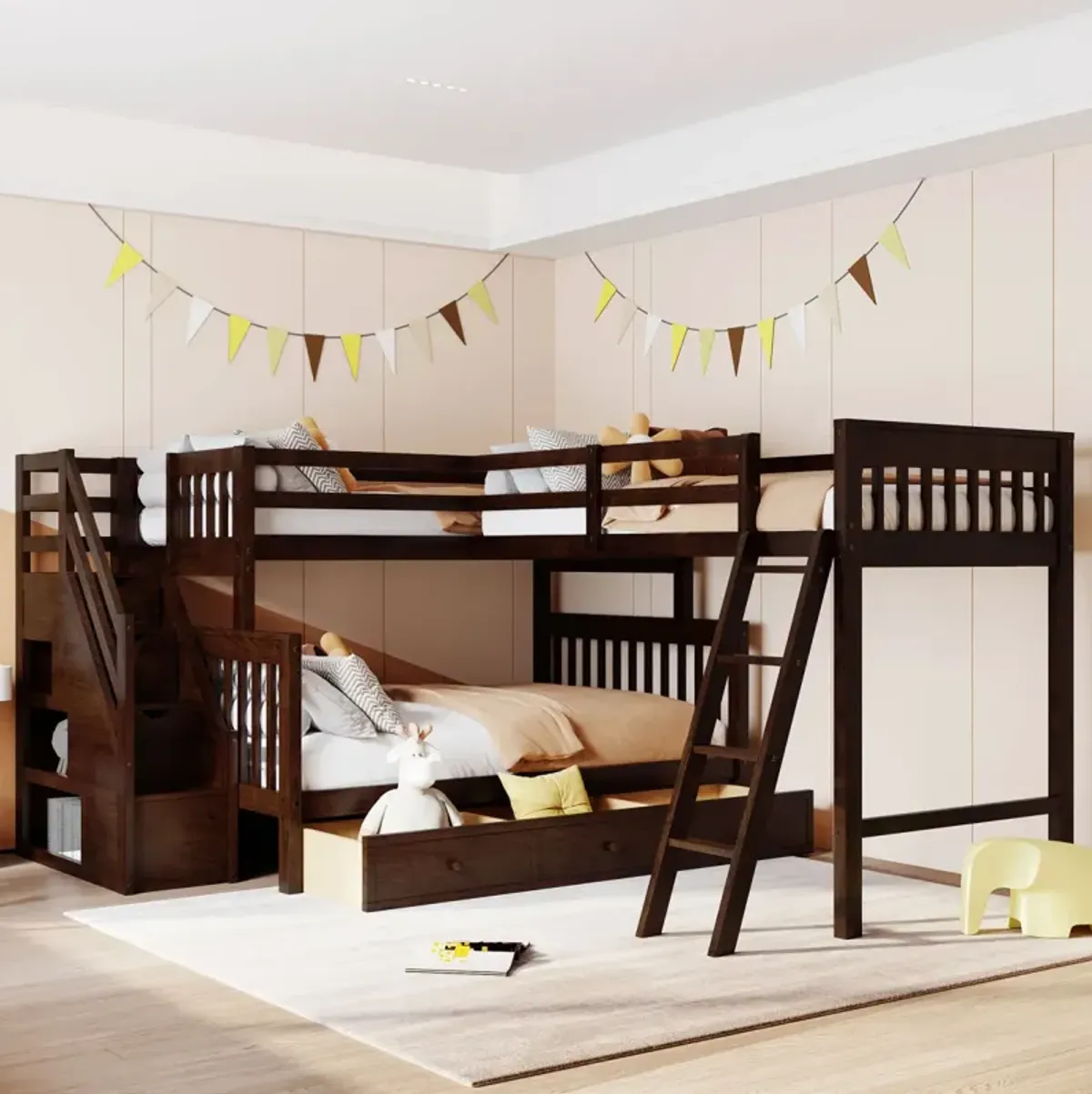 Twin Over Full L-Shaped Bunk Bed With 3 Drawers, Ladder And Staircase