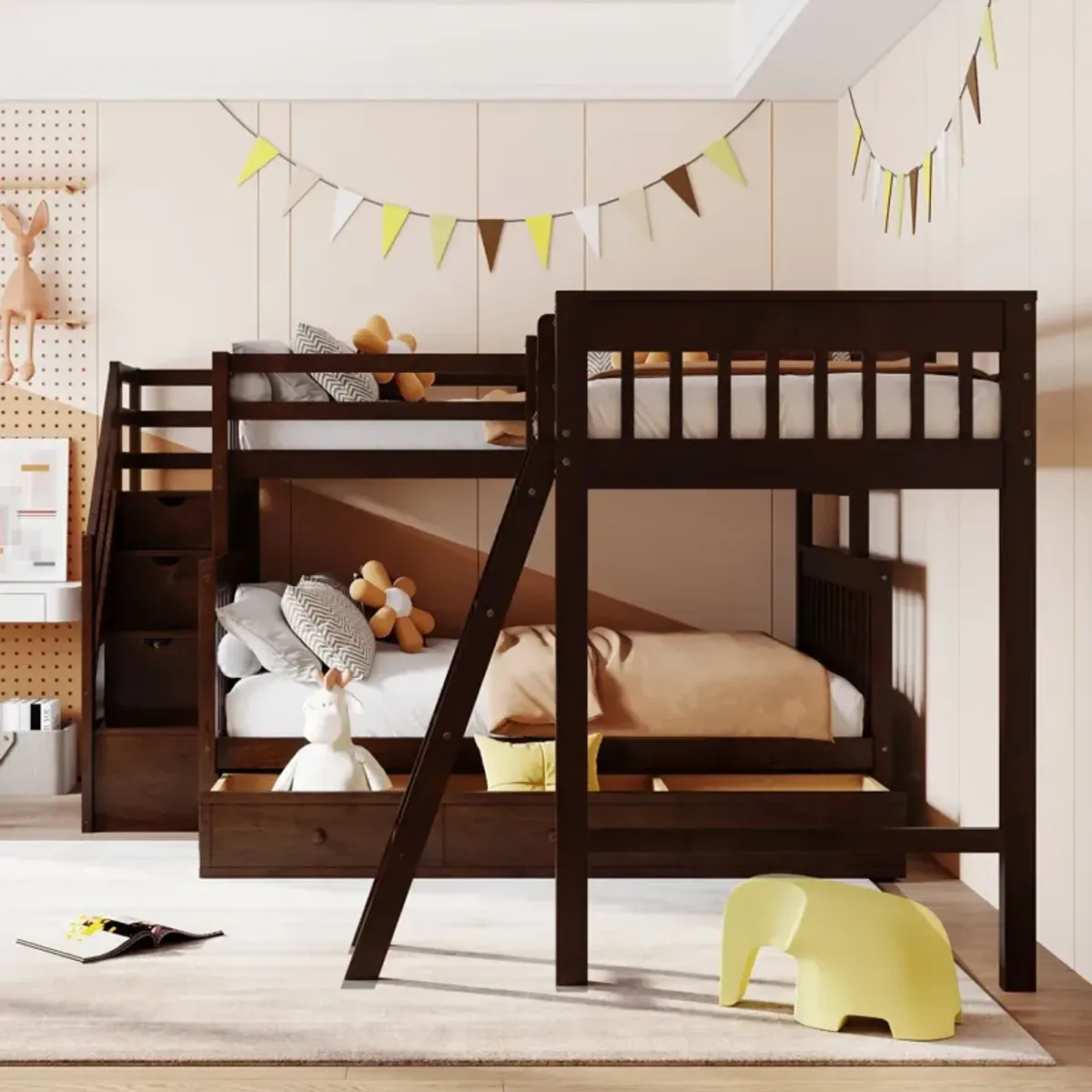 Twin Over Full L-Shaped Bunk Bed With 3 Drawers, Ladder And Staircase