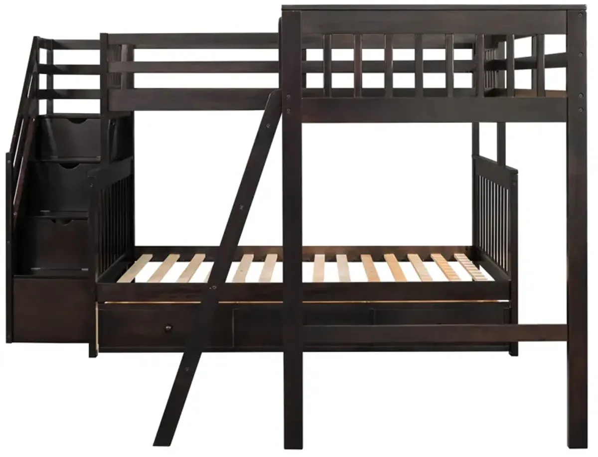 Twin Over Full L-Shaped Bunk Bed With 3 Drawers, Ladder And Staircase