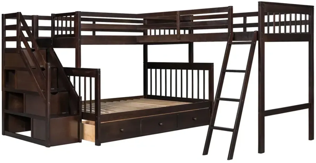 Twin Over Full L-Shaped Bunk Bed With 3 Drawers, Ladder And Staircase