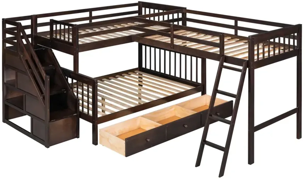 Twin Over Full L-Shaped Bunk Bed With 3 Drawers, Ladder And Staircase