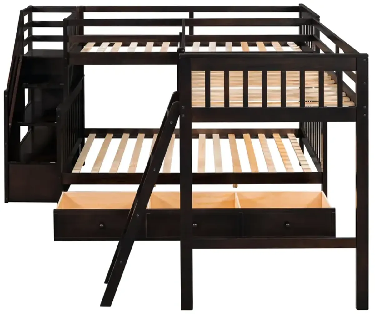 Twin Over Full L-Shaped Bunk Bed With 3 Drawers, Ladder And Staircase