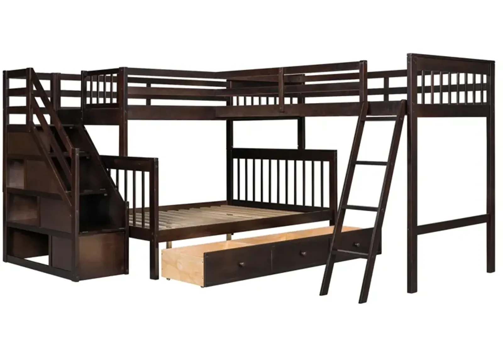 Twin Over Full L-Shaped Bunk Bed With 3 Drawers, Ladder And Staircase