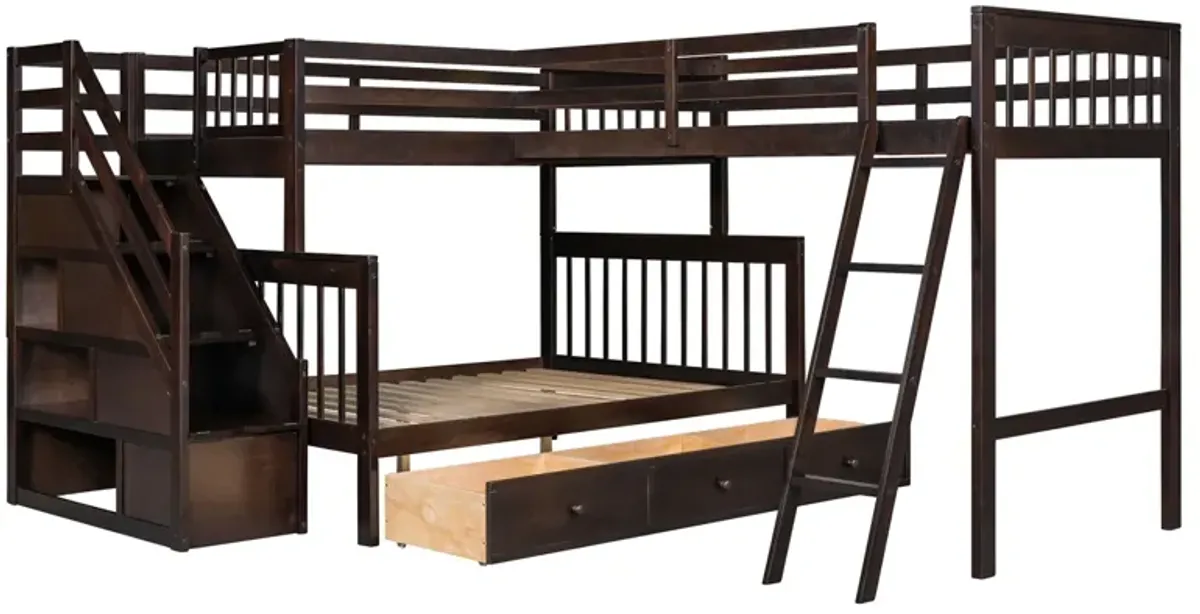 Twin Over Full L-Shaped Bunk Bed With 3 Drawers, Ladder And Staircase