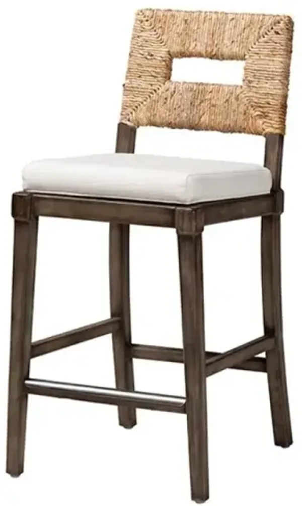 Bohemian Dark Brown Finished Mahogany Wood and Natural Rattan Counter Stool