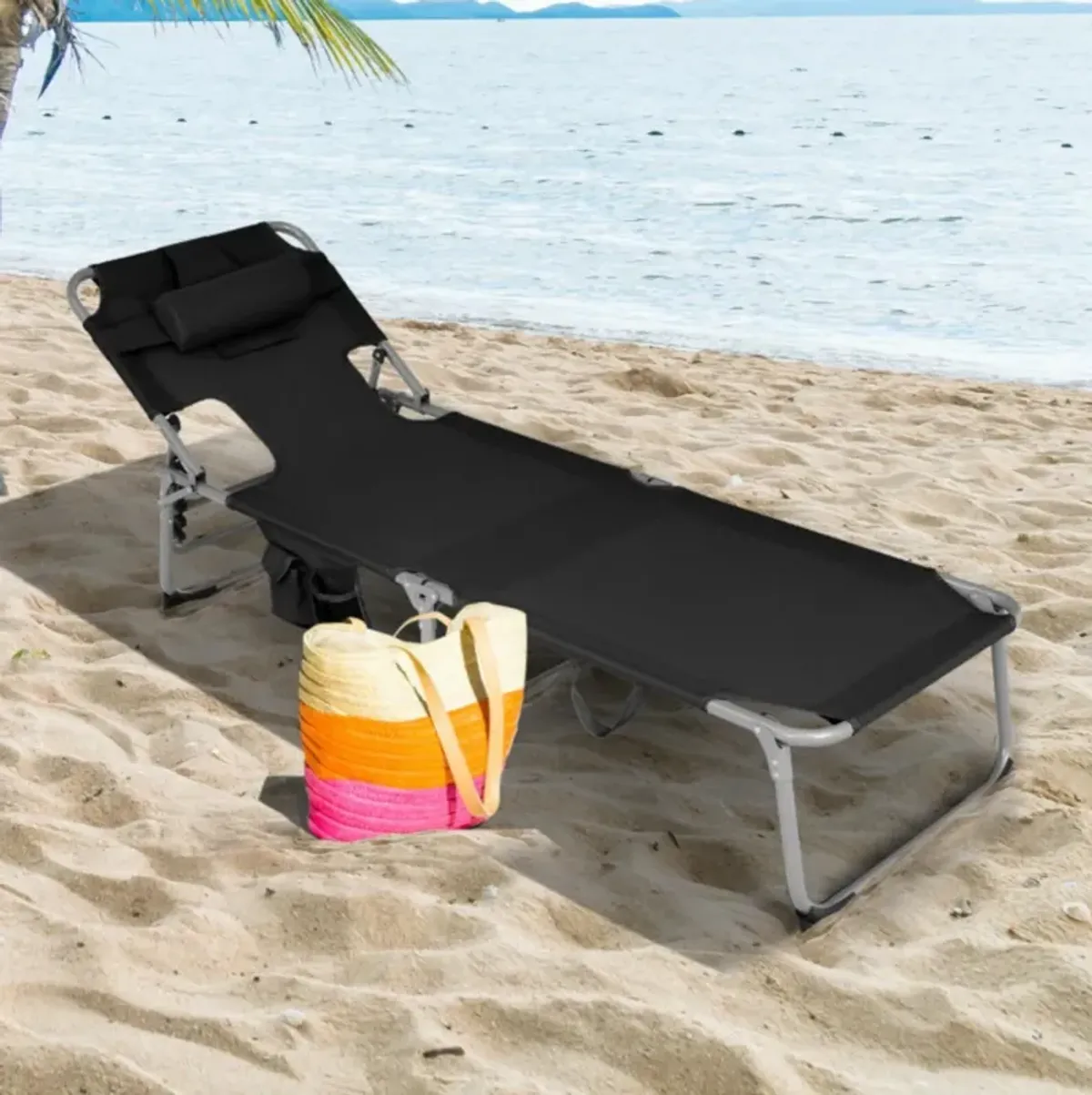 Hivvago Folding Beach Lounge Chair with Pillow for Outdoor