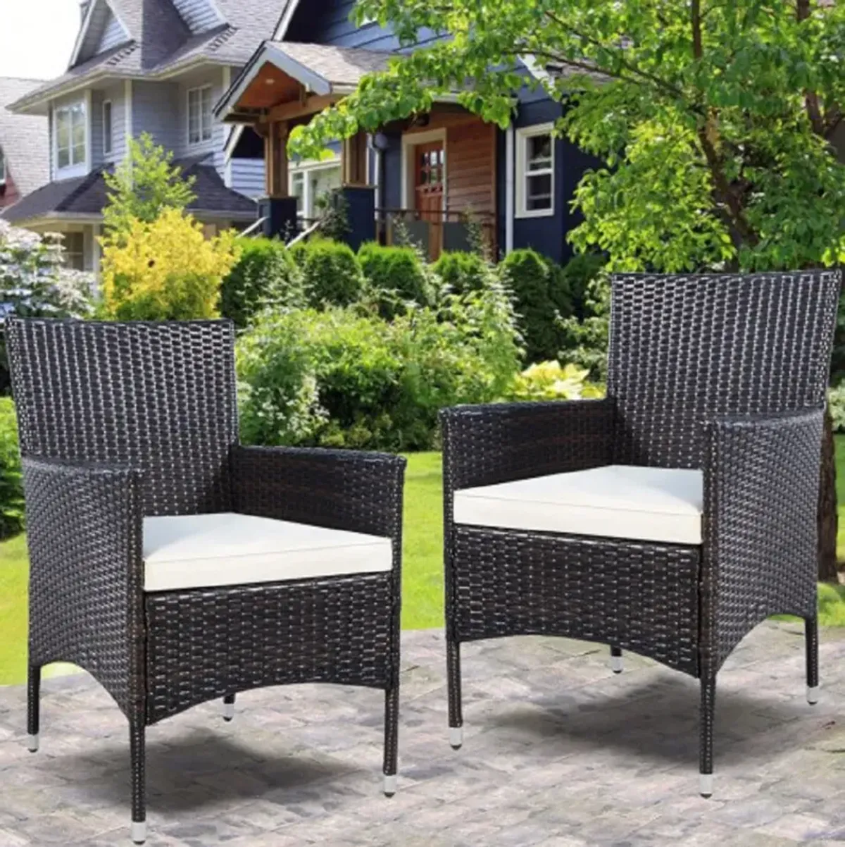 Set of 2 Rattan Patio Cushioned Chairs