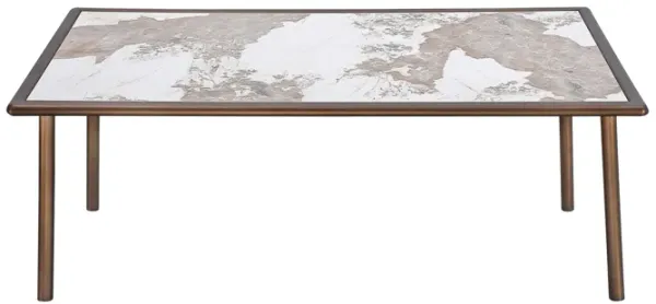 Zame 79 Inch Dining Table, Rectangular White Stone Top, Steel Legs, Bronze - Benzara