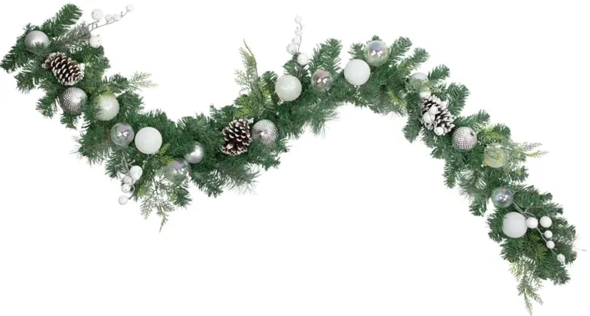 6' Green Pine Artificial Christmas Garland with Berries and Iridescent Ornaments