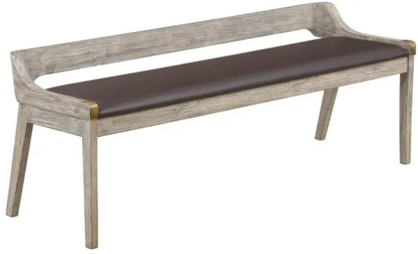 Kit 60 Inch Modern Dining Bench, Padded Seat, Curved Open Back, Gray, Brown-Benzara