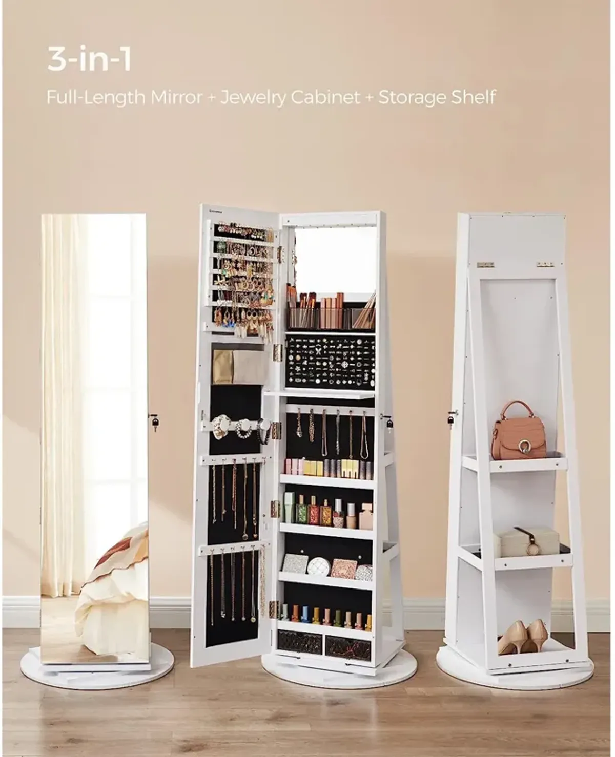 360° Swivel Lockable Jewelry Armoire with 6 LEDs, Frameless Full-Length Mirror, and 3 Storage Shelves