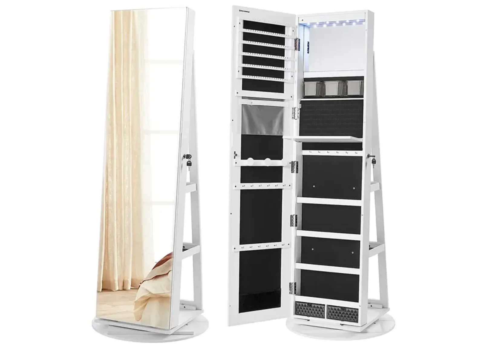 360° Swivel Lockable Jewelry Armoire with 6 LEDs, Frameless Full-Length Mirror, and 3 Storage Shelves