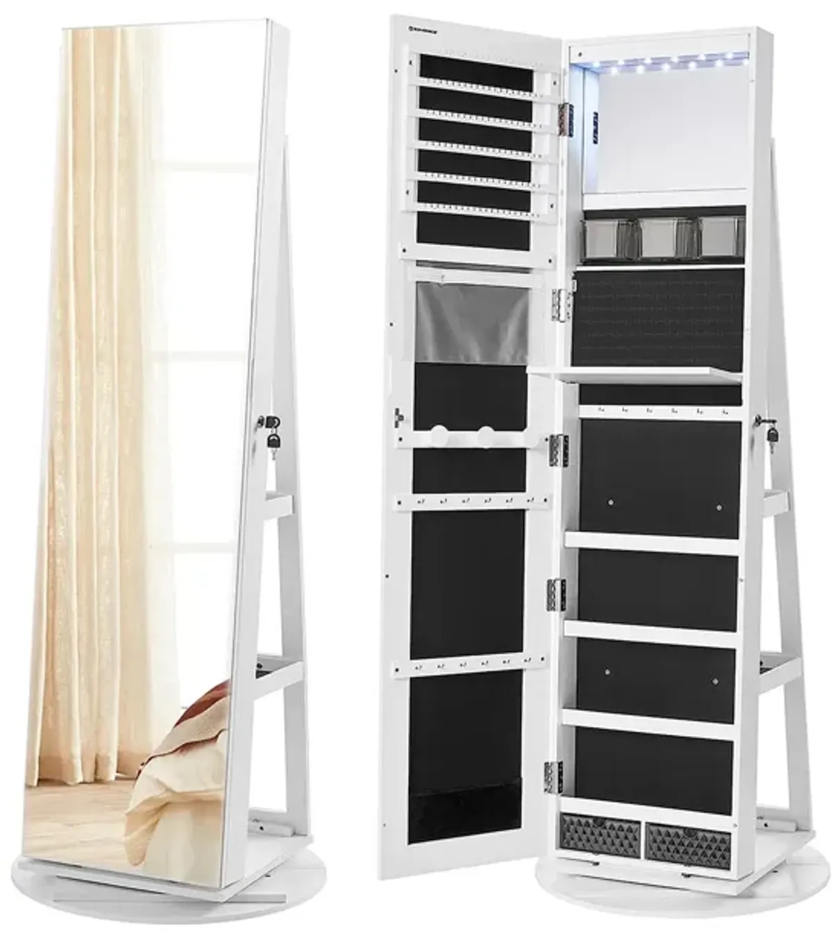 360° Swivel Lockable Jewelry Armoire with 6 LEDs, Frameless Full-Length Mirror, and 3 Storage Shelves