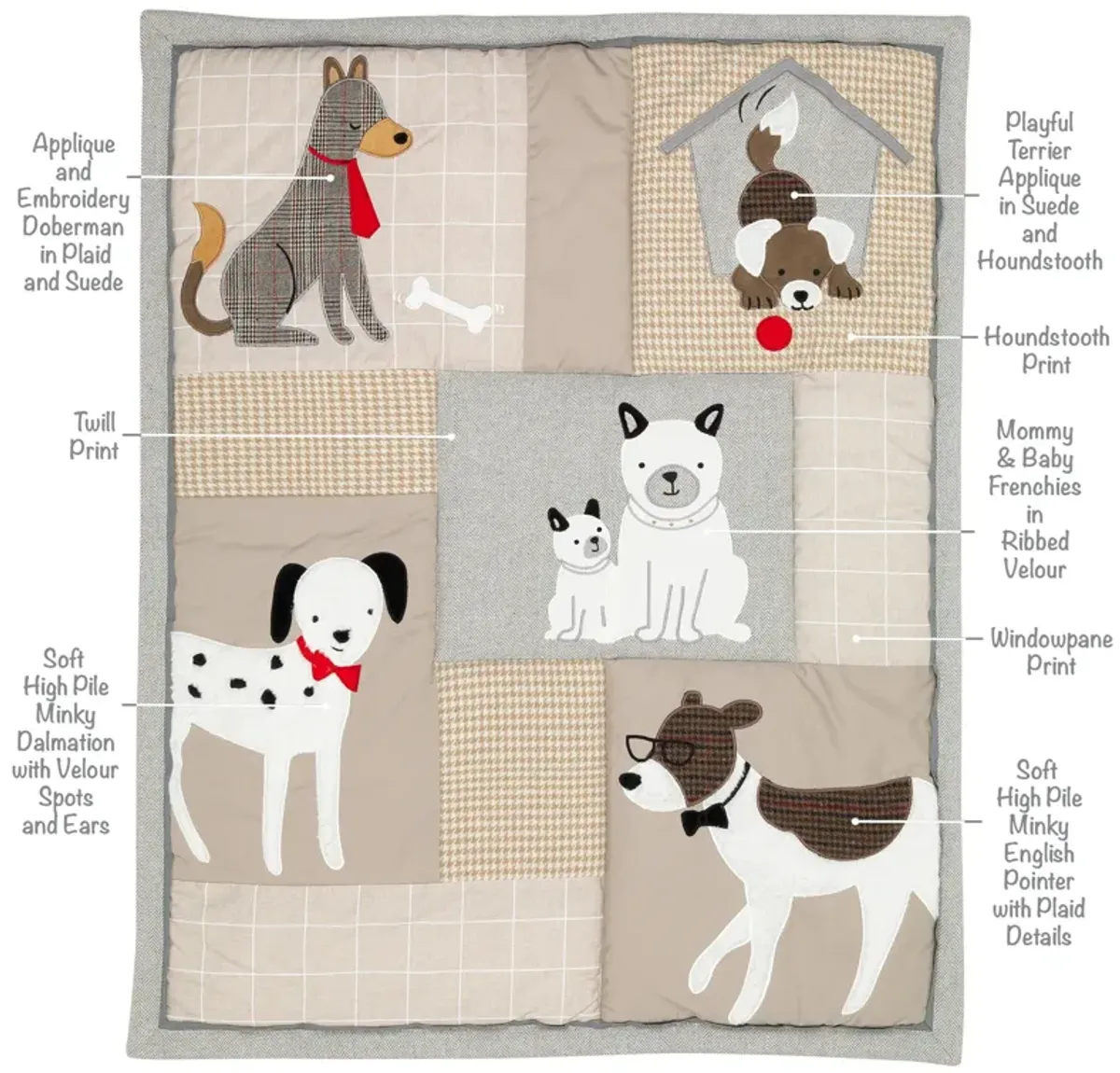 Lambs & Ivy Bow Wow Gray/Tan Dog/Puppy Nursery 4-Piece Baby Crib Bedding Set