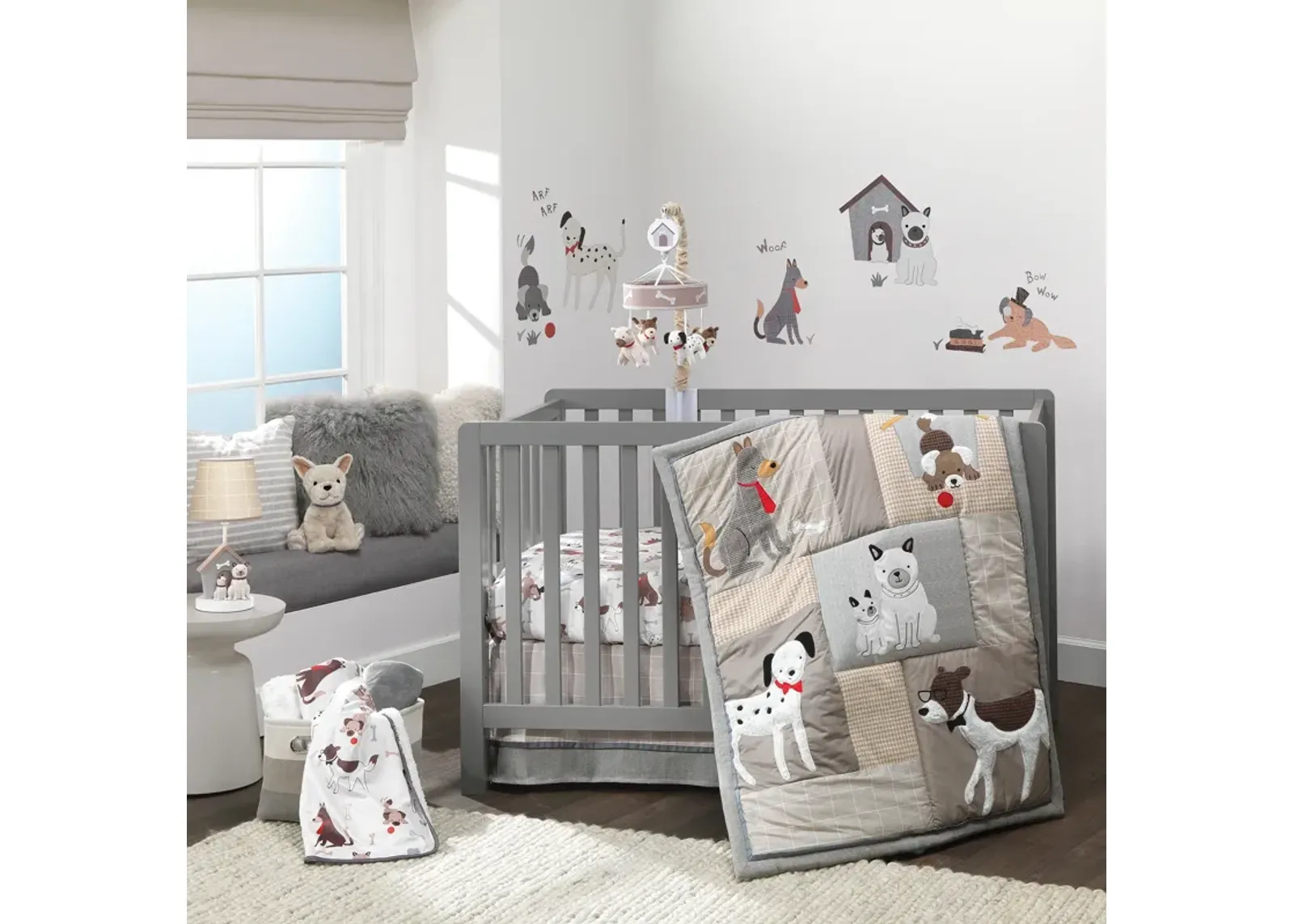 Lambs & Ivy Bow Wow Gray/Tan Dog/Puppy Nursery 4-Piece Baby Crib Bedding Set