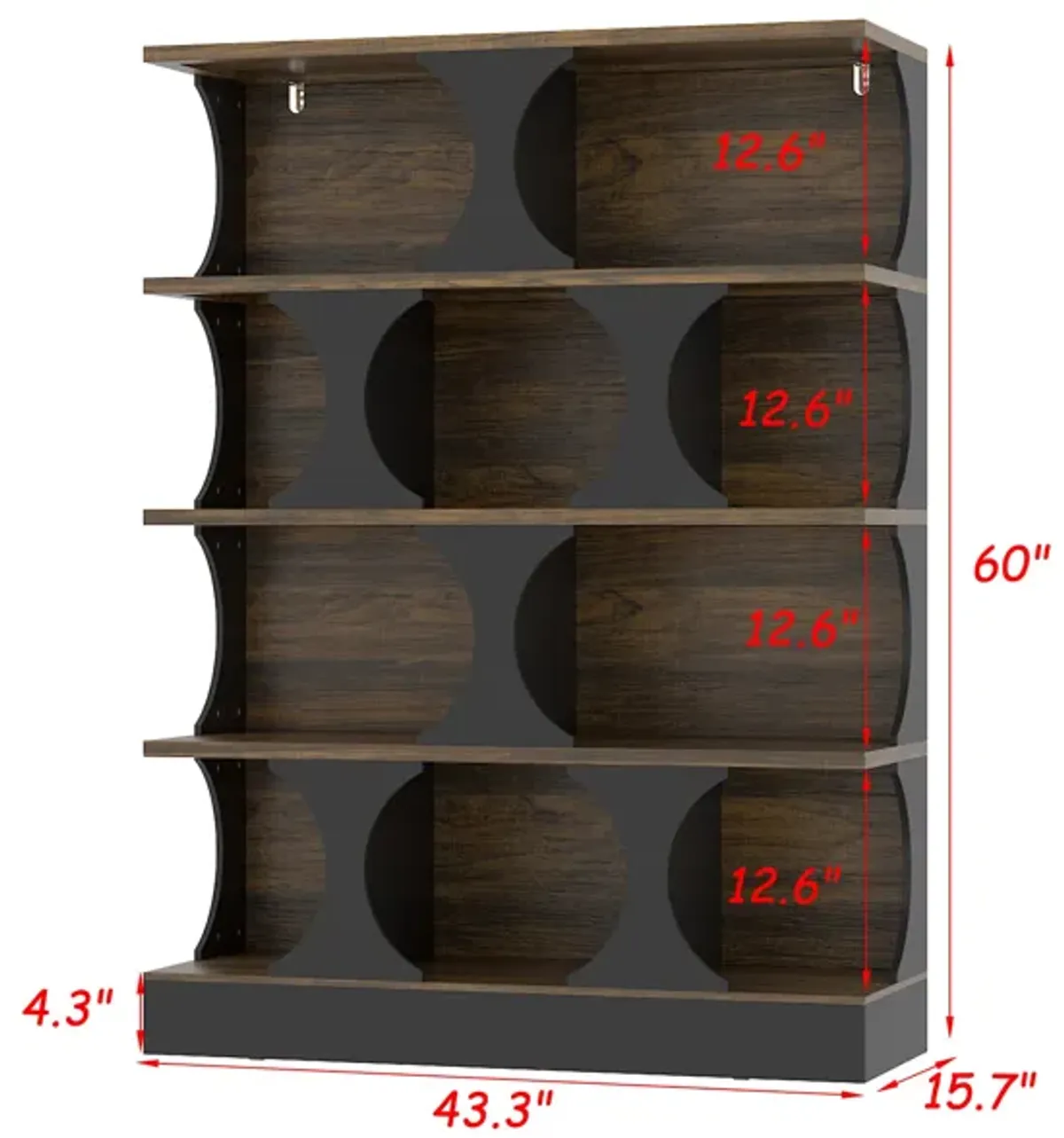 FUFU&GAGA 4-Tier Curved Bookcase - Vintage Walnut Texture, Black Matte Finish, Space-Saving Arched Shelf for Living Room, Office & Bedroom, (43.3" W x 15.7" D x 60" H), Vintage Walnut