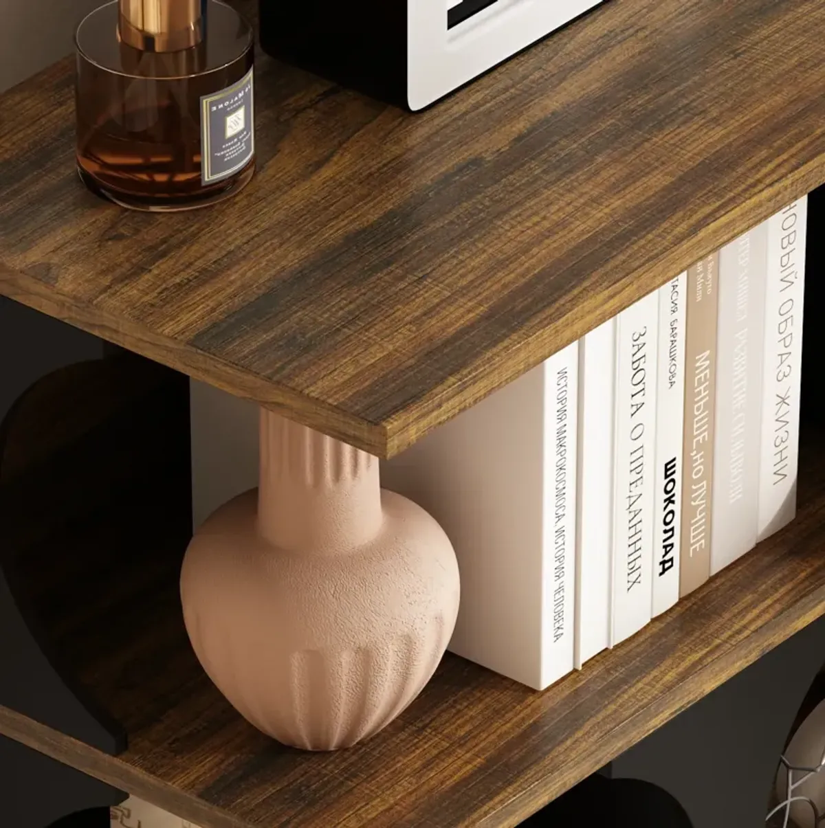 FUFU&GAGA 4-Tier Curved Bookcase - Vintage Walnut Texture, Black Matte Finish, Space-Saving Arched Shelf for Living Room, Office & Bedroom, (43.3" W x 15.7" D x 60" H), Vintage Walnut