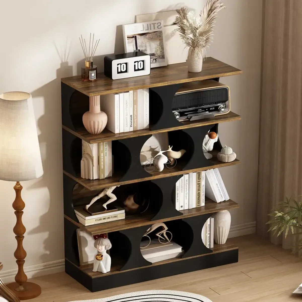 FUFU&GAGA 4-Tier Curved Bookcase - Vintage Walnut Texture, Black Matte Finish, Space-Saving Arched Shelf for Living Room, Office & Bedroom, (43.3" W x 15.7" D x 60" H), Vintage Walnut