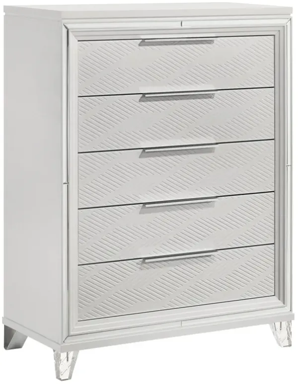 Mory Tall Dresser Chest, 5 Drawer, Embossed Herringbone Pattern, White - Benzara