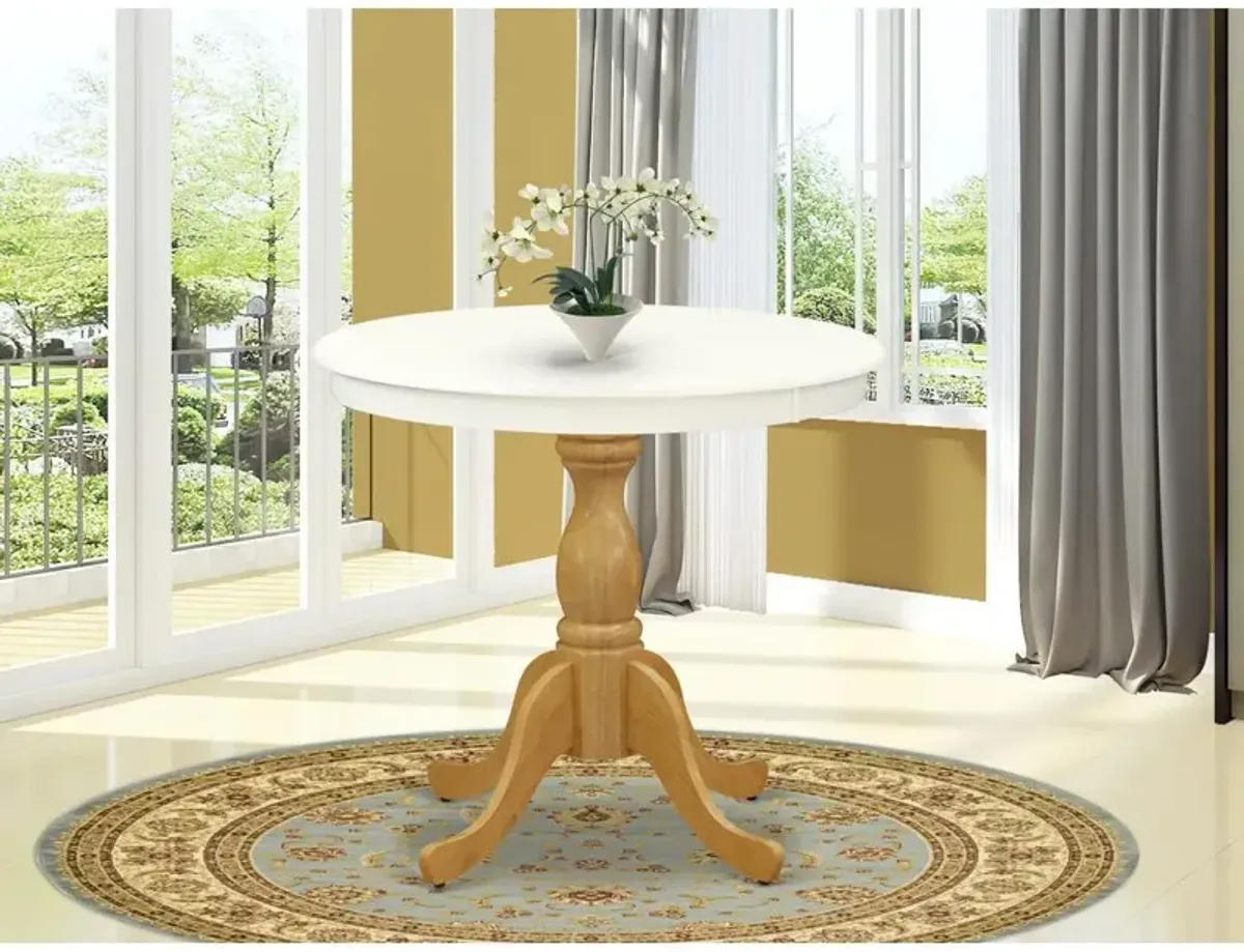 East West Furniture Wood Dining Table - Linen White Table Top and Oak Pedestal Leg Finish