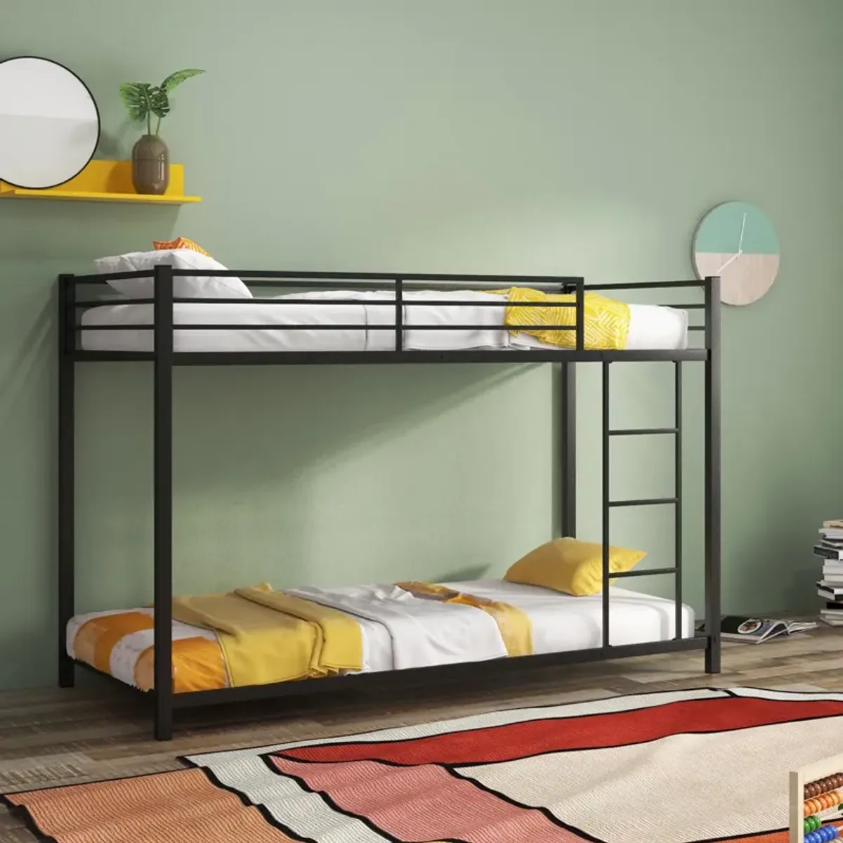 Low Profile Twin Over Twin Metal Bunk Bed with Full-length Guardrails