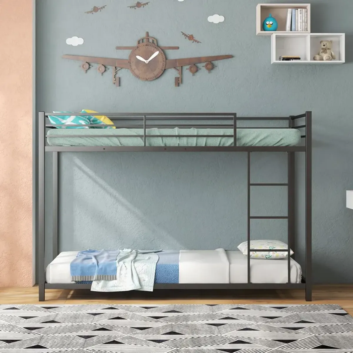 Low Profile Twin Over Twin Metal Bunk Bed with Full-length Guardrails