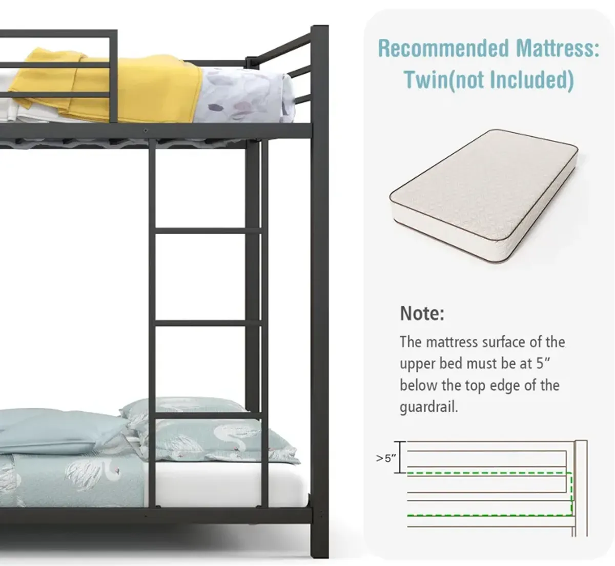 Low Profile Twin Over Twin Metal Bunk Bed with Full-length Guardrails