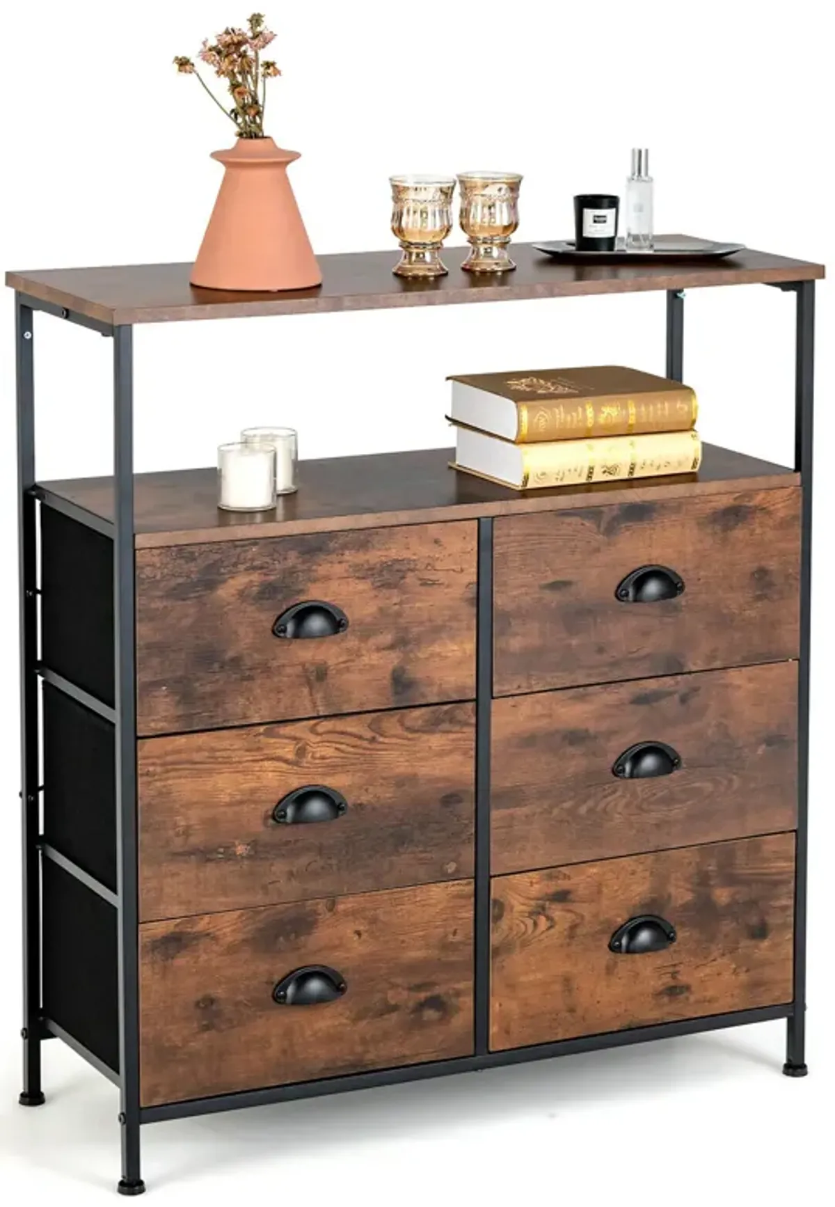 2-Tier Storage Chest with Wooden Top and 6 Fabric Drawers for Home Organization and Storage