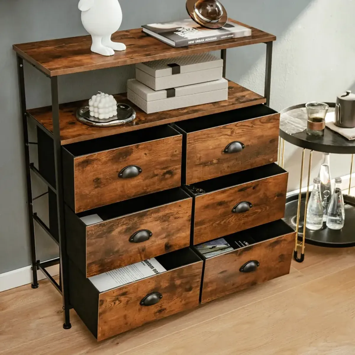 2-Tier Storage Chest with Wooden Top and 6 Fabric Drawers for Home Organization and Storage