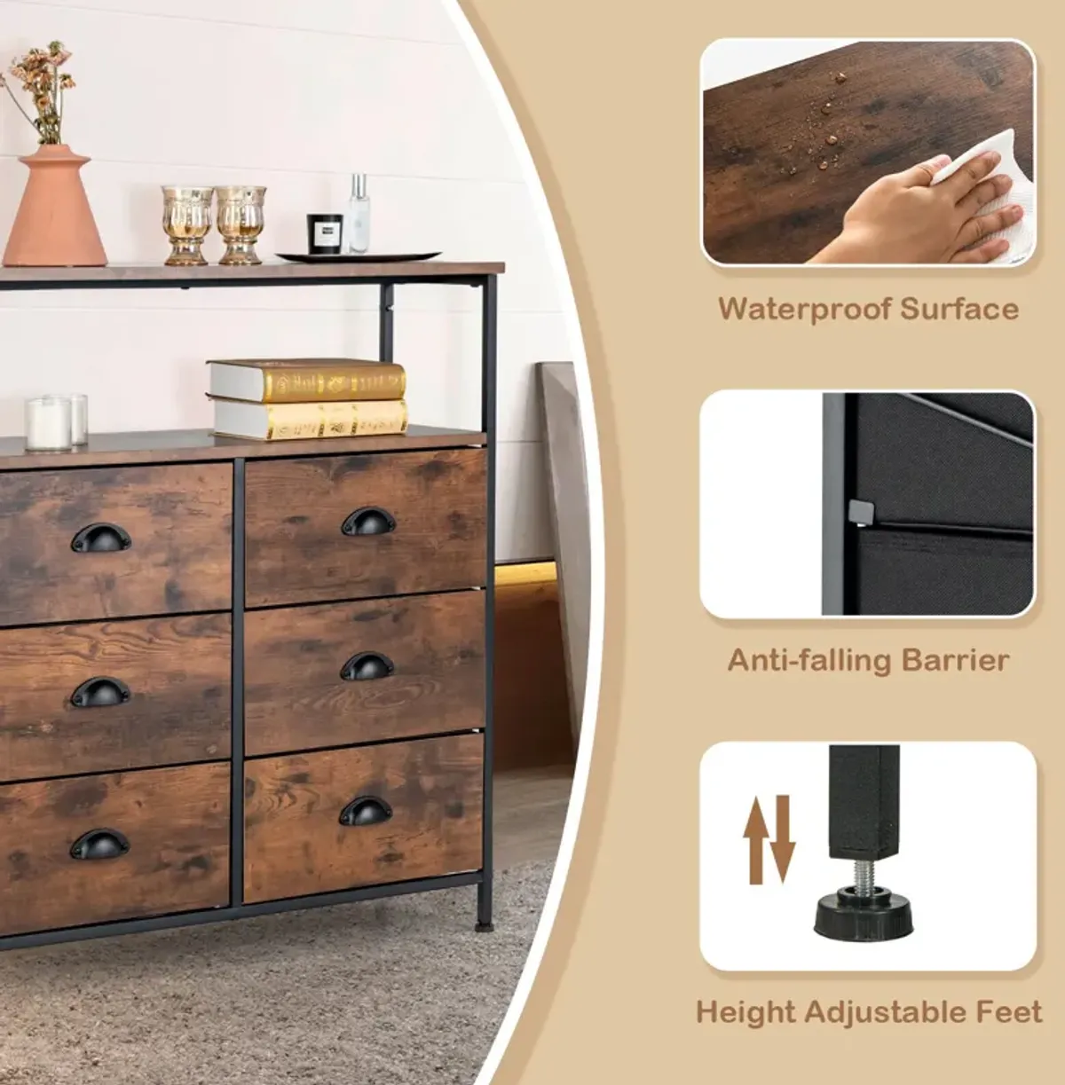 2-Tier Storage Chest with Wooden Top and 6 Fabric Drawers for Home Organization and Storage