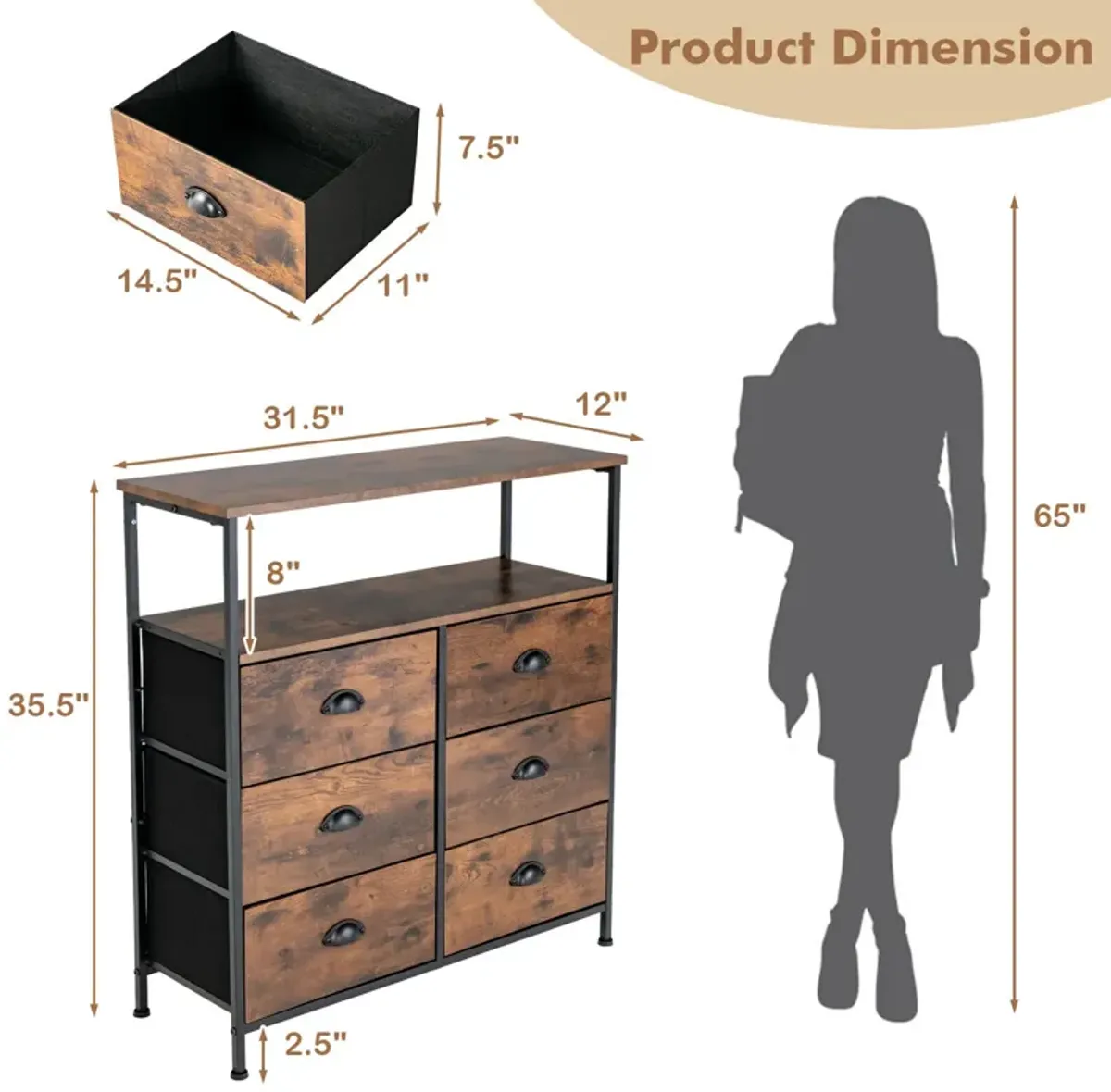 2-Tier Storage Chest with Wooden Top and 6 Fabric Drawers for Home Organization and Storage