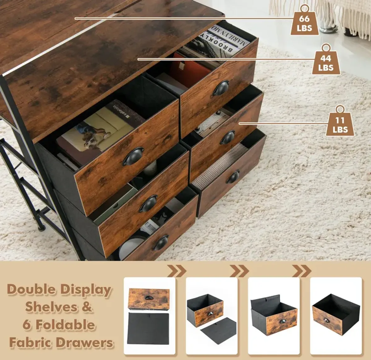 2-Tier Storage Chest with Wooden Top and 6 Fabric Drawers for Home Organization and Storage