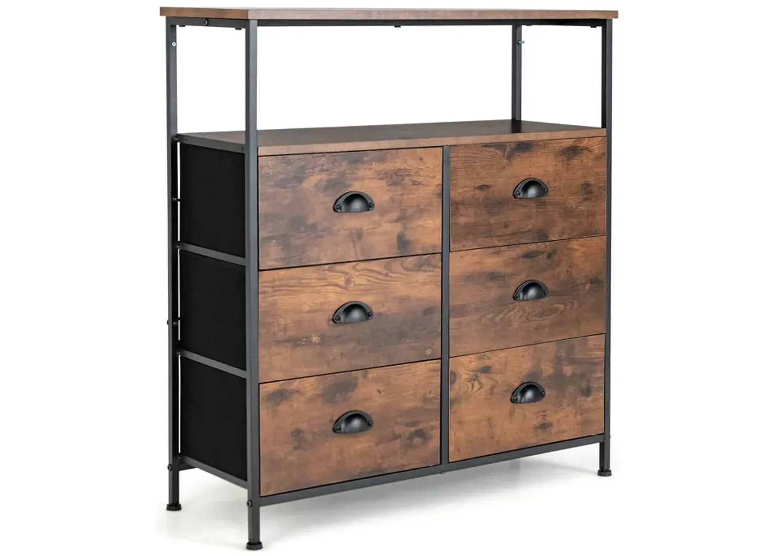 2-Tier Storage Chest with Wooden Top and 6 Fabric Drawers for Home Organization and Storage