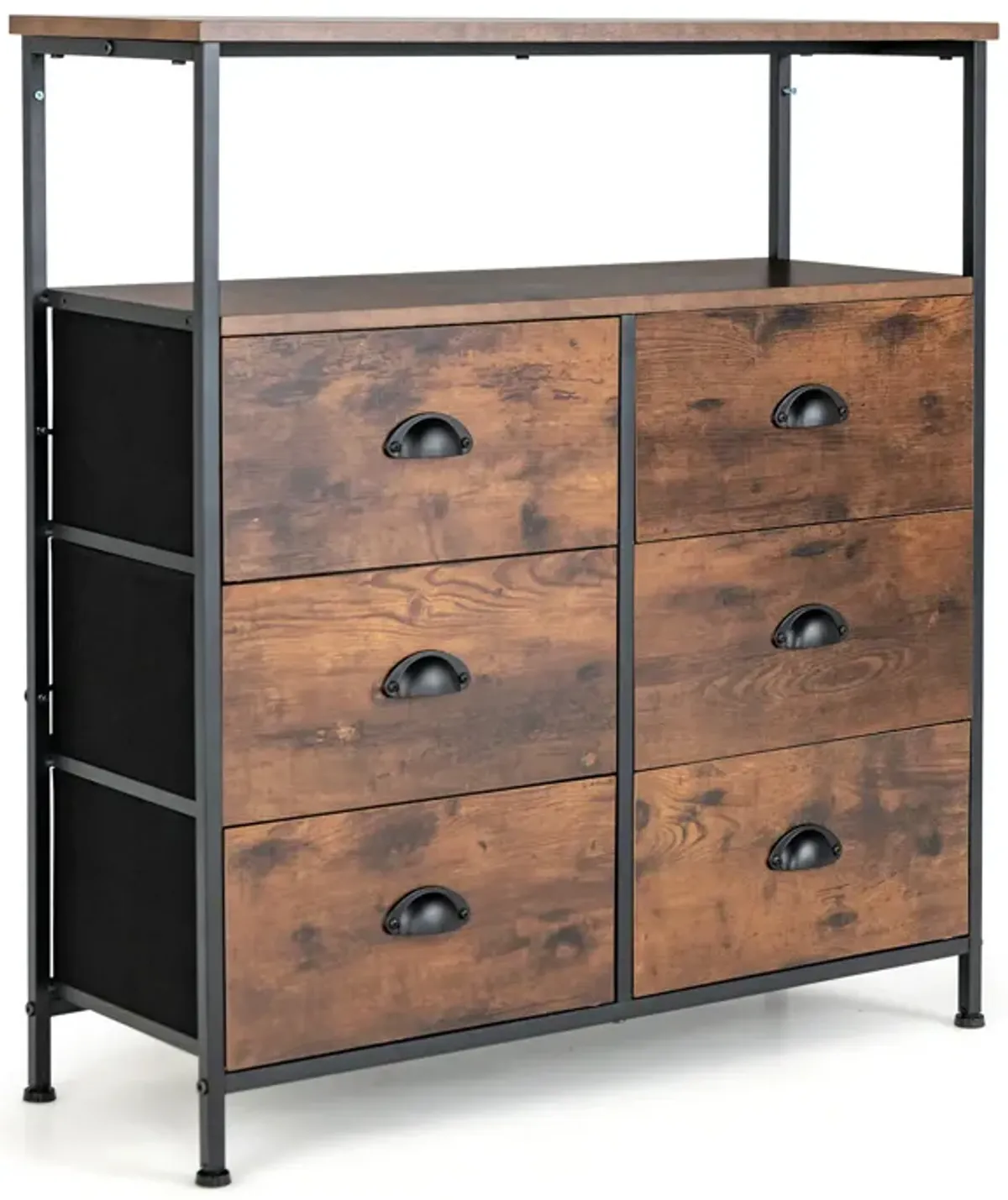 2-Tier Storage Chest with Wooden Top and 6 Fabric Drawers for Home Organization and Storage