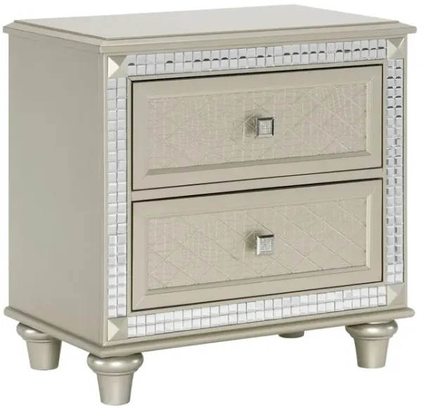 Juhi 29 Inch Nightstand, 2 Drawers, Acrylic Crystal Accents, Silver Trim-Benzara