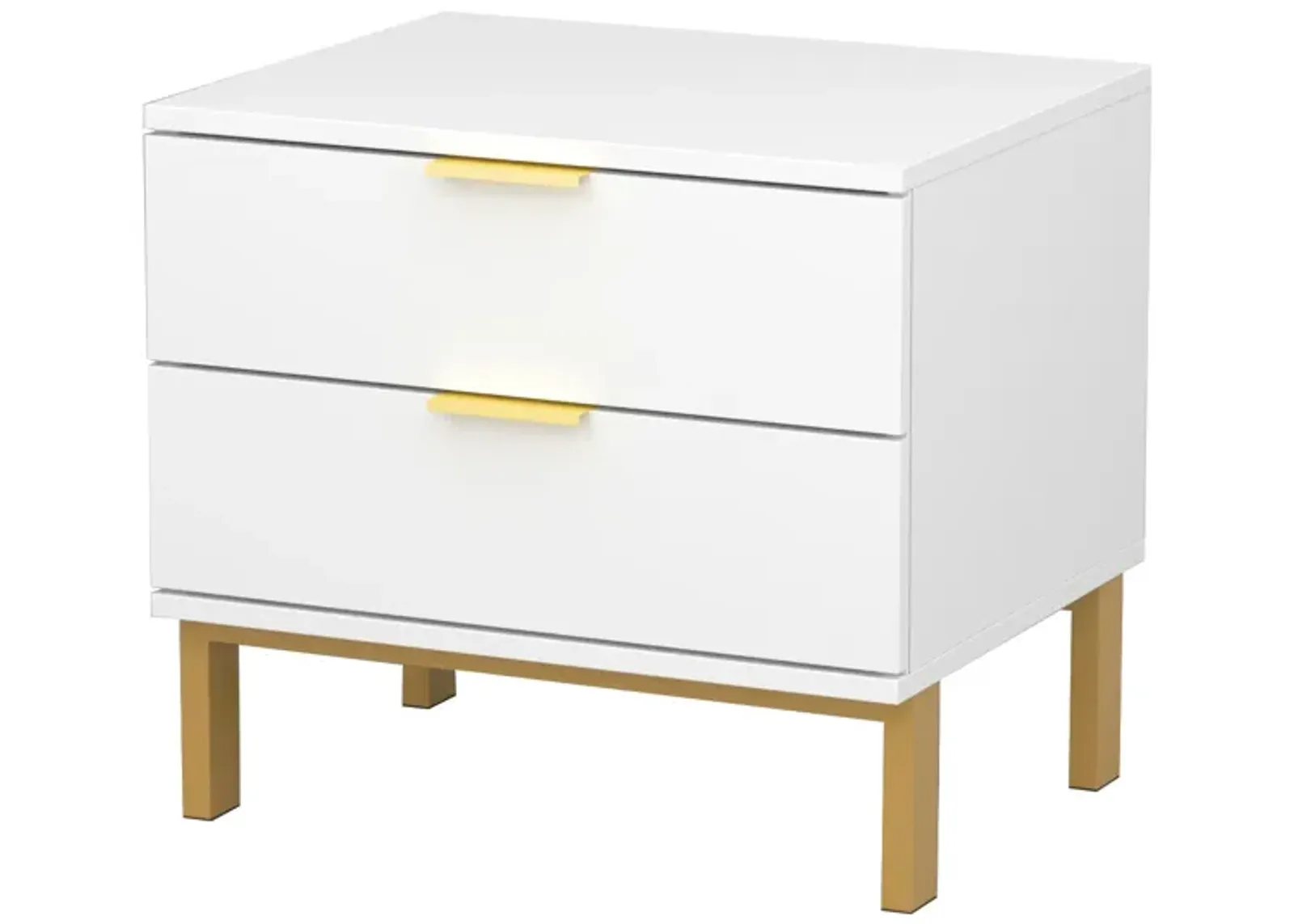 2-Drawer White Wooden Nightstand Bedside Table with 4-Gold Metal Legs 15.7 in. D x 19.7 in. W x 17.9 in. H