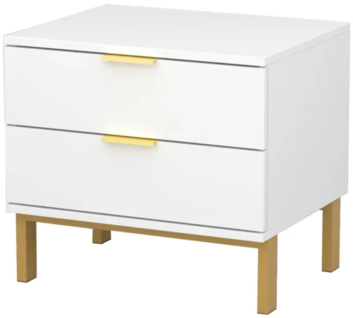 2-Drawer White Wooden Nightstand Bedside Table with 4-Gold Metal Legs 15.7 in. D x 19.7 in. W x 17.9 in. H