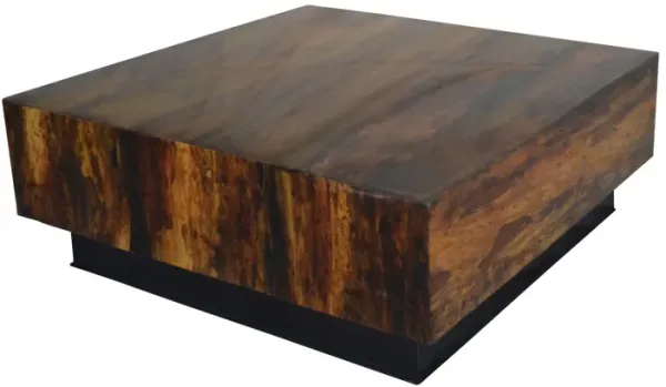 32 Inch Rustic Coffee Table, Teak Wood Plinth Base, Grain Details, Brown-Benzara