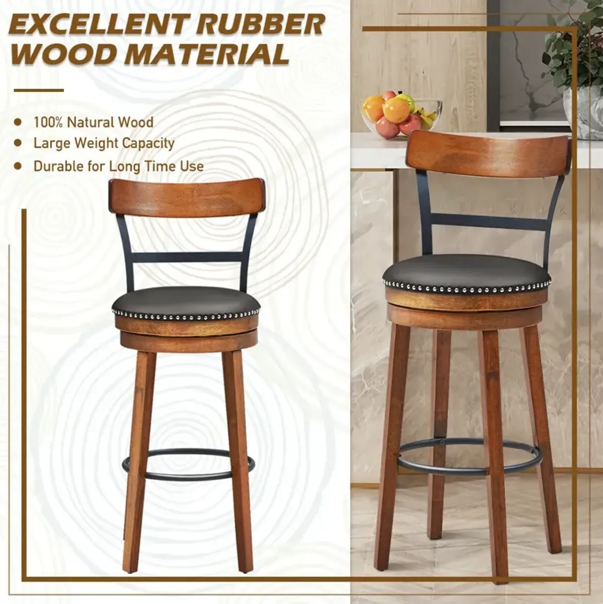 Set of 2 30.5/25.5 Inch Swivel Pub Height Bar Stool