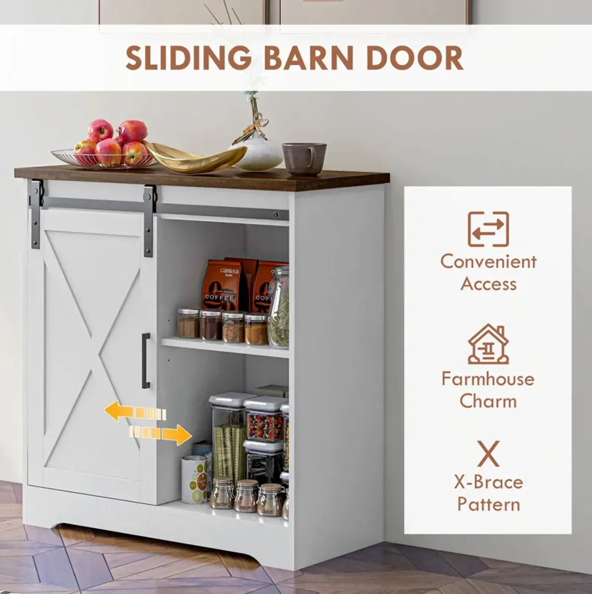 White Coffee Bar Cabinet: Sliding Barn Door, Adjustable Shelf